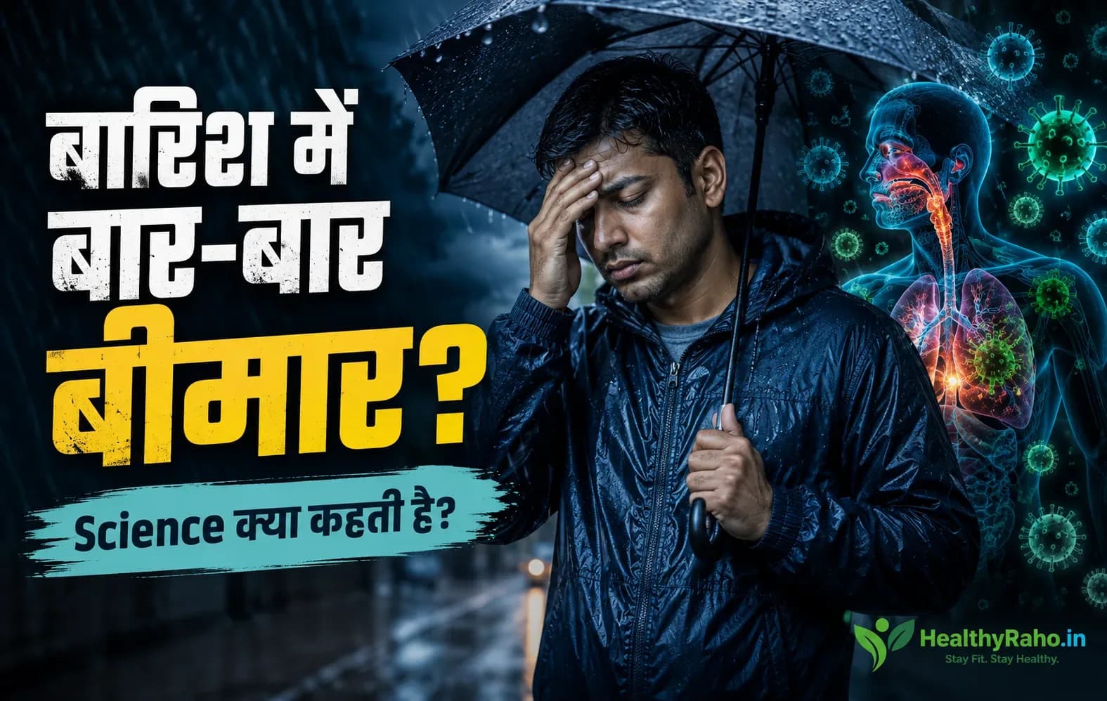 Barish mein bar-bar bimar padne ki wajah dikhata Indian man with umbrella, respiratory infection, immunity aur virus ka scientific conce