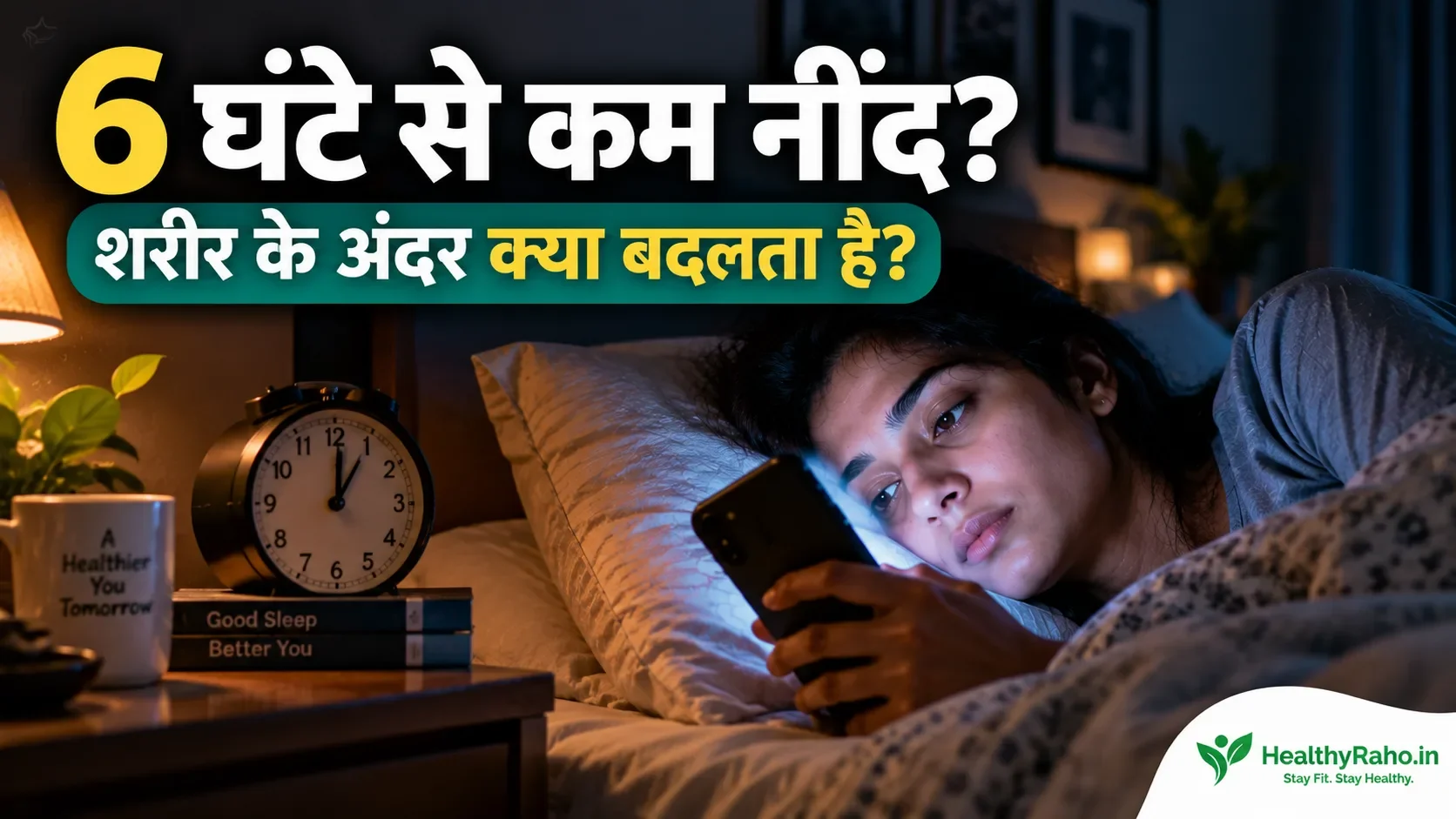 रात को फोन चलाते हुए कम नींद लेता व्यक्ति। 6 घंटे से कम सोने के सेहत पर असर