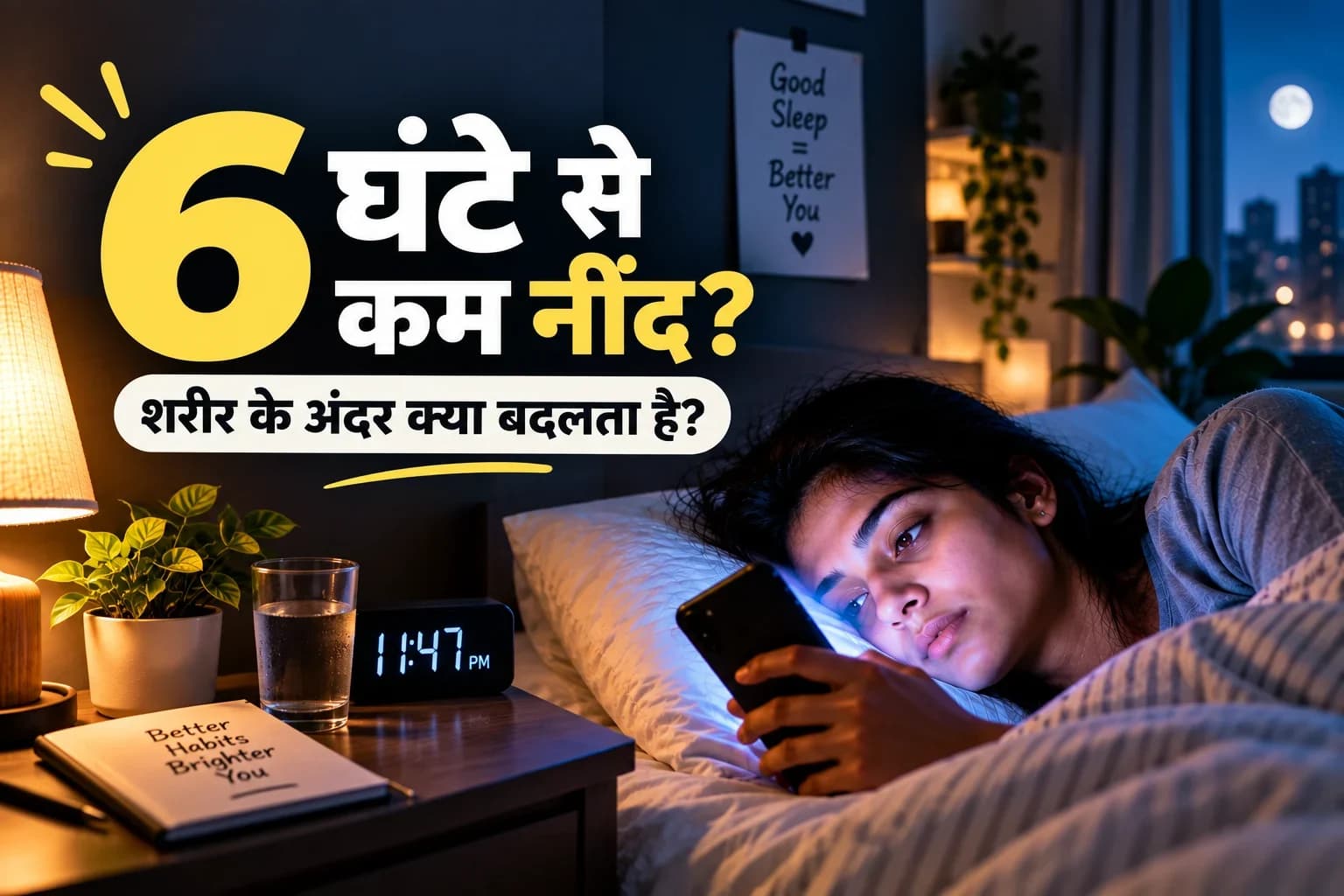 रात को फोन चलाते हुए कम नींद लेता व्यक्ति। 6 घंटे से कम सोने के सेहत पर असर