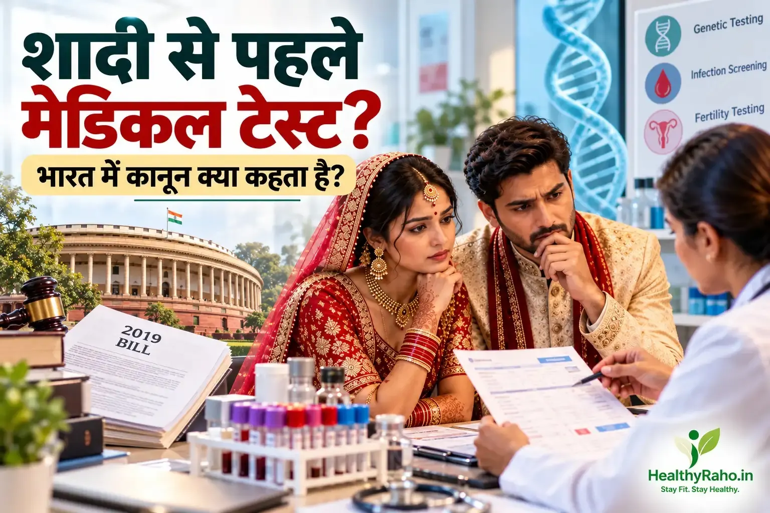 शादी से पहले मेडिकल टेस्ट और प्री-मैरिज हेल्थ स्क्रीनिंग पर चर्चा करते भारतीय कपल और डॉक्टर