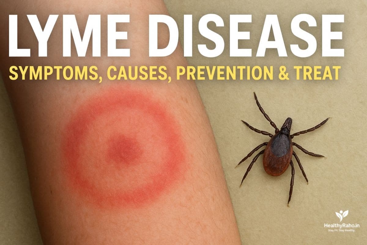 लाइम रोग (Lyme Disease): कारण, लक्षण, सावधानी और इलाज — वैज्ञानिक गाइड "लाइम रोग का erythema migrans रैश और काले पैर वाले Ixodes टिक का क्लोज़-अप