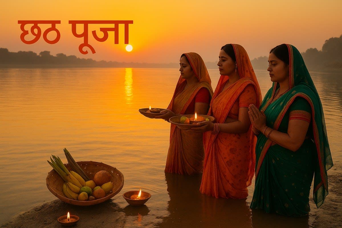 छठ पूजा में क्या खाएं और क्या न खाएं: संतुलित आहार गाइड छठ पूजा 2025 के दौरान घाट पर महिलाएं सूर्य को अर्घ्य देती हुईं, सूर्यास्त के सुंदर दृश्य के साथ।